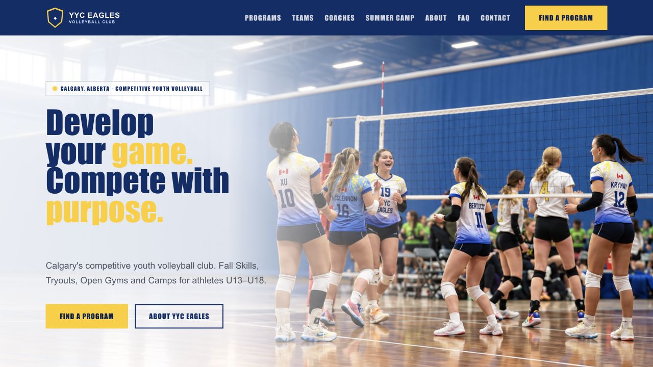 Redesigned Eagles Volleyball Club homepage
